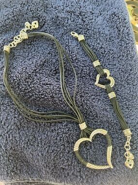 Brighton Black Cord Heart Necklace and Bracelet with Silver Accents